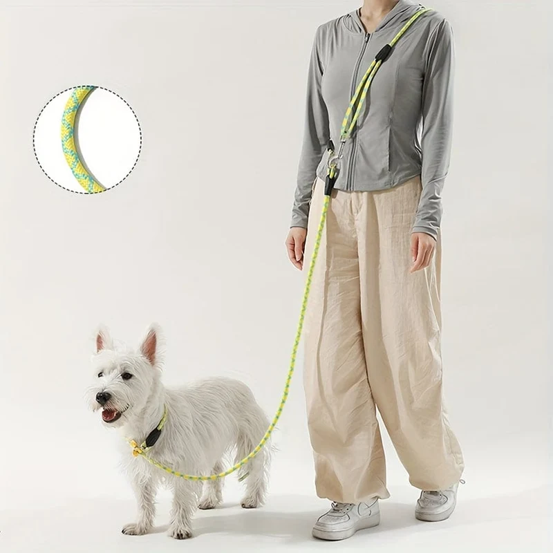 Laisse réglable pour chien mains libres avec corde tressée et mousqueton métallique