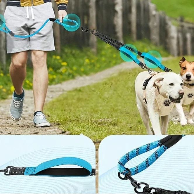Laisse double réglable réfléchissante pour chiens – avec poignées et absorption de choc