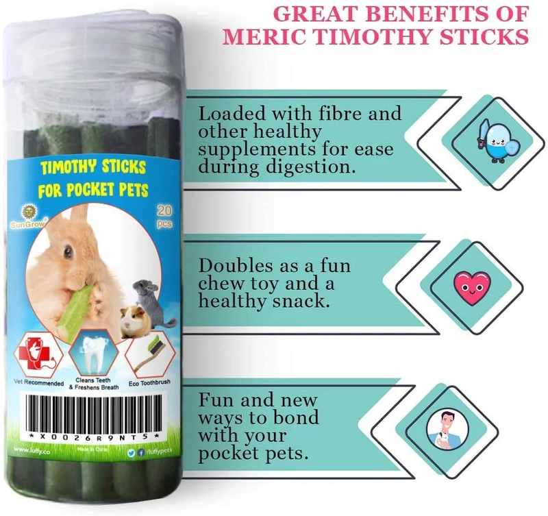 Meric Timothy Sticks, varillas en polvo de hierba timoteo de alta fibra, promueve la higiene dental y apoya la salud digestiva, 20 unidades.