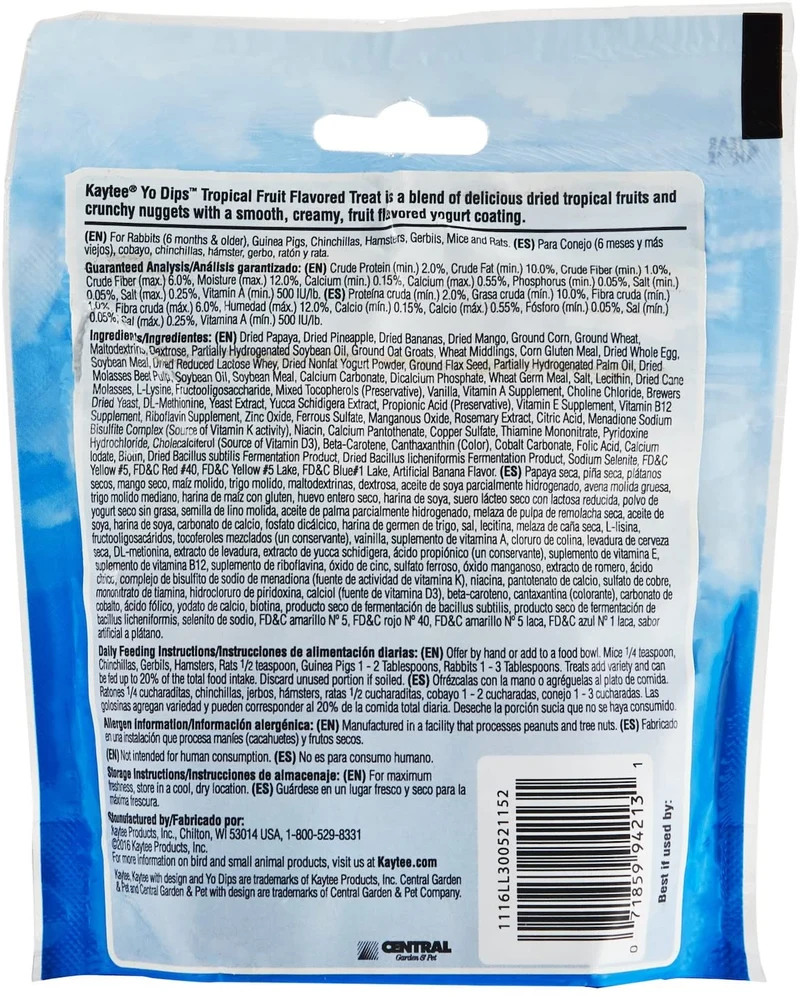 Kaytee Fiesta Yogurt Dipped Treats Tropical Fruit And Yogurt Mix para animales pequeños, bolsa de 3.5 oz