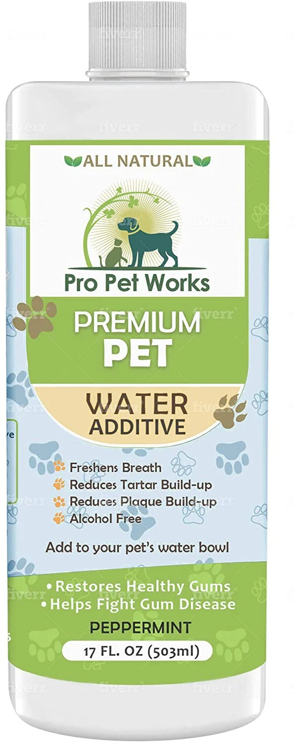 Aditivo de agua dental premium para mascotas para perros, gatos y animales pequeños, cuidado dental de perro para malas mascotas respiración bucal cuidado bucal que combate el sarro, la placa y la enfermedad de las encías [17 oz] desodorizador de pasta de