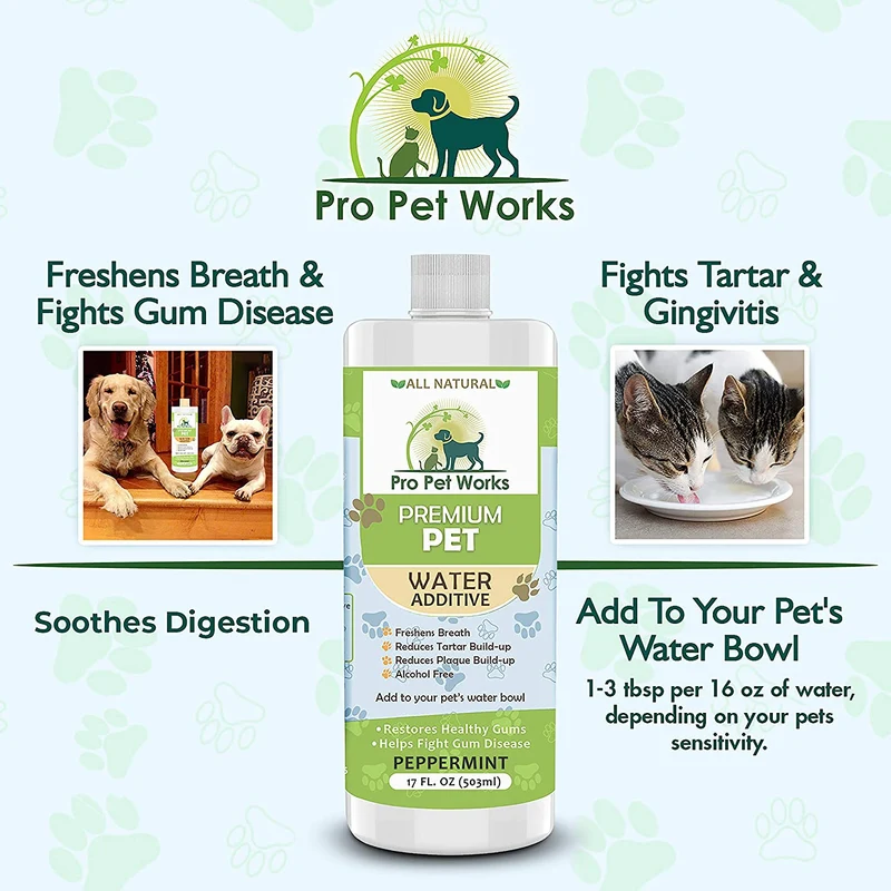 Aditivo de agua dental premium para mascotas para perros, gatos y animales pequeños, cuidado dental de perro para malas mascotas respiración bucal cuidado bucal que combate el sarro, la placa y la enfermedad de las encías [17 oz] desodorizador de pasta de