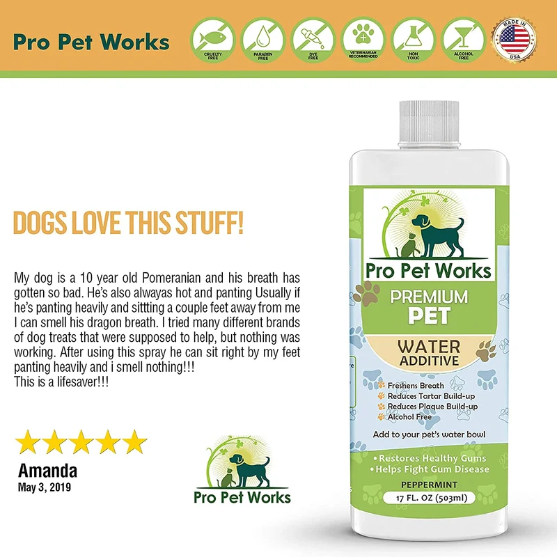 Aditivo de agua dental premium para mascotas para perros, gatos y animales pequeños, cuidado dental de perro para malas mascotas respiración bucal cuidado bucal que combate el sarro, la placa y la enfermedad de las encías [17 oz] desodorizador de pasta de