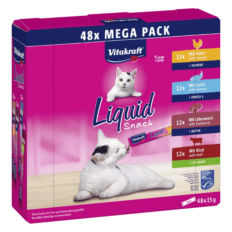 Vitakraft Liquid Snack para Gatos Megapack 48x15 g (12xPollo, 12xSalmón, 12xPaté de Hígado y 12xTernera)