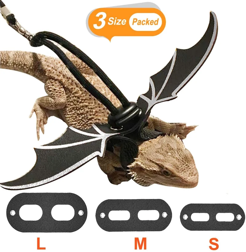 KUDES - Arnés ajustable de piel de dragón (paquete de 3 unidades, S/M/L) con alas frescas para lagarto reptiles, anfibios y otros animales pequeños