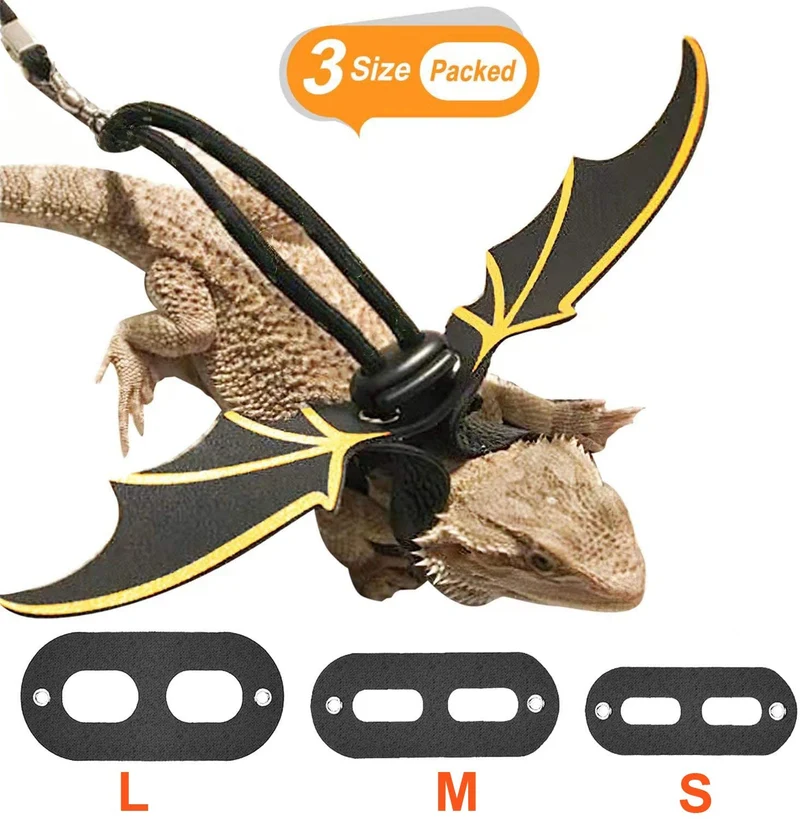 KUDES - Arnés ajustable de piel de dragón (paquete de 3 unidades, S/M/L) con alas frescas para lagarto reptiles, anfibios y otros animales pequeños