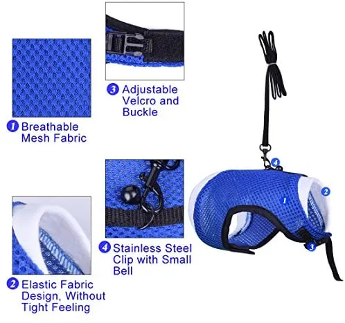PERSUPER - Arnés de malla suave para mascotas pequeño con campana segura, sin tiro, cómodo chaleco acolchado de nailon duradero y correa ajustable para todas las estaciones para ratas, Iguana, hámster, dragón barbudo