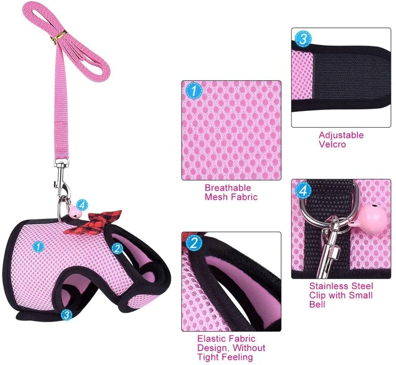 Small Pet Ferret Harness Lessh with Safe Bell, No Pull Comfort Padded Vest Durable Nylon Guinea Pig Harness and Leash Set Adjustable All Season for Rats, Iguana, Hamster, Bearded Dragon and Small Dog