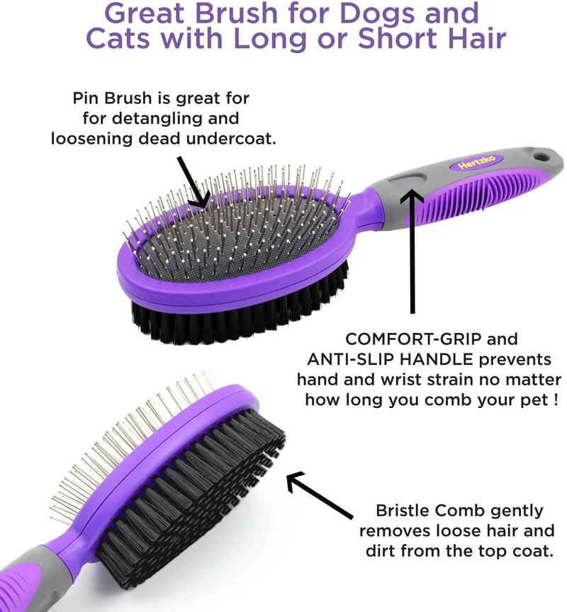 Hertzko – Brocha de cerdas y alfileres de doble cara para perros y gatos con pelo largo o corto – cerdas densas que eliminan el pelo suelto de la capa superior y peine de pines que elimina los enredos y la capa inferior muerta