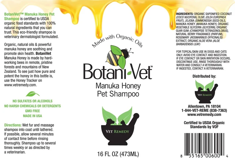 botanivet Miel de Manuka Pet Champú Orgánico Certificado 16 oz – 100% Ingredientes Naturales – Veterinaria Dermatólogo formulado para alergias y prurito