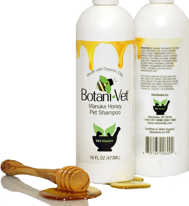 botanivet Miel de Manuka Pet Champú Orgánico Certificado 16 oz – 100% Ingredientes Naturales – Veterinaria Dermatólogo formulado para alergias y prurito