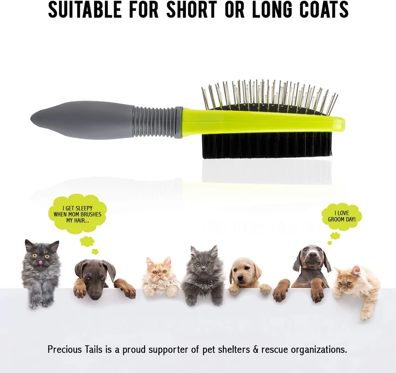 Precious Tails Cepillo de aseo de doble cara para perros y gatos con mango cómodo y suave