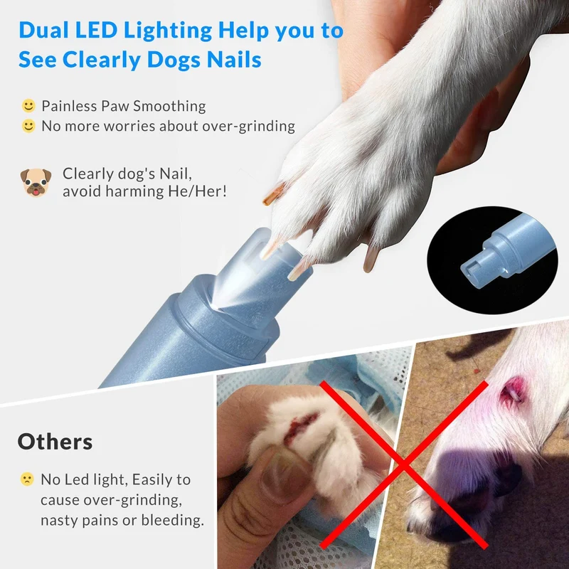 Pet Nail Grinder Kit for Dogs, Dual LED 2-Speed Electric Pet Nail Trimmer, Low Noise Painless Portable Cat Nail Clipper, Paws Grooming Set for Small Medium Pet Dog Cat