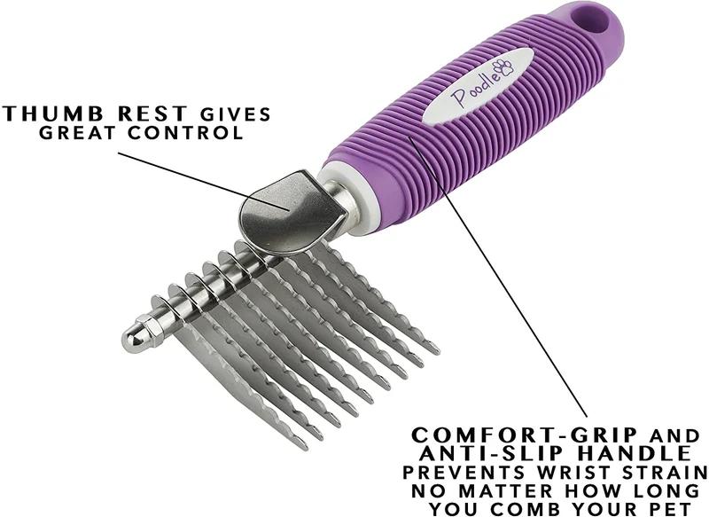 Herramienta de cepillo para rastrillo de pelo para mascotas con cuchillas largas de seguridad de 2.5 in para desenredar el pelo de la capa inferior estereada o anudada.