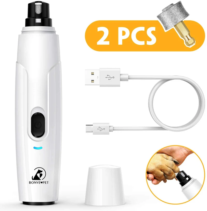 Bonve Pet - Molinillo de uñas eléctrico inalámbrico de 2 velocidades para gatos, recargable, cortadora de uñas de bajo ruido, sin dolor, para perros y gatos pequeños y medianos, grandes