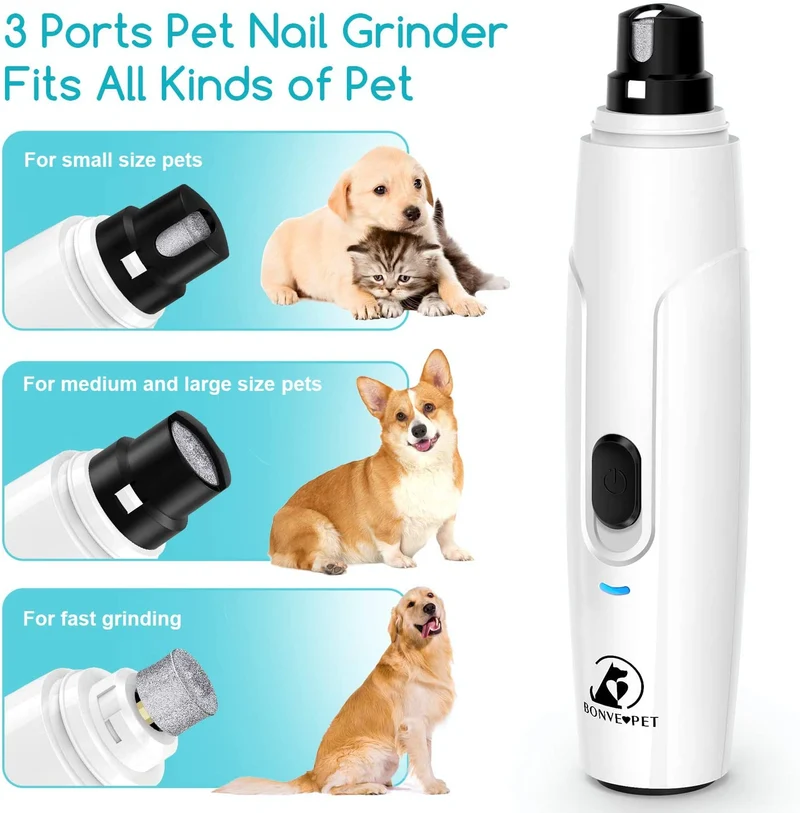 Bonve Pet - Molinillo de uñas eléctrico inalámbrico de 2 velocidades para gatos, recargable, cortadora de uñas de bajo ruido, sin dolor, para perros y gatos pequeños y medianos, grandes