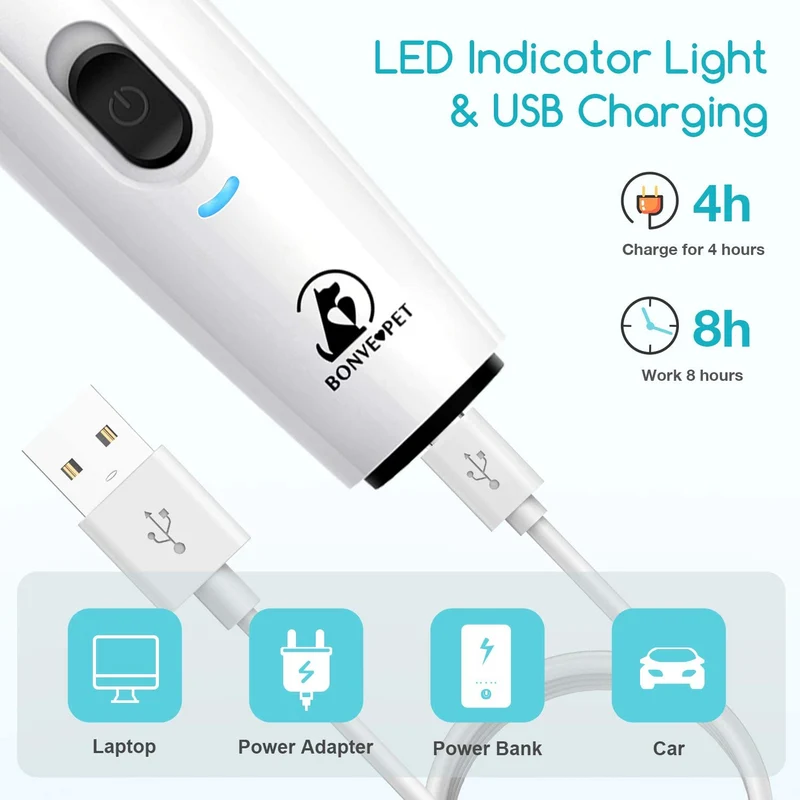 Bonve Pet - Molinillo de uñas eléctrico inalámbrico de 2 velocidades para gatos, recargable, cortadora de uñas de bajo ruido, sin dolor, para perros y gatos pequeños y medianos, grandes