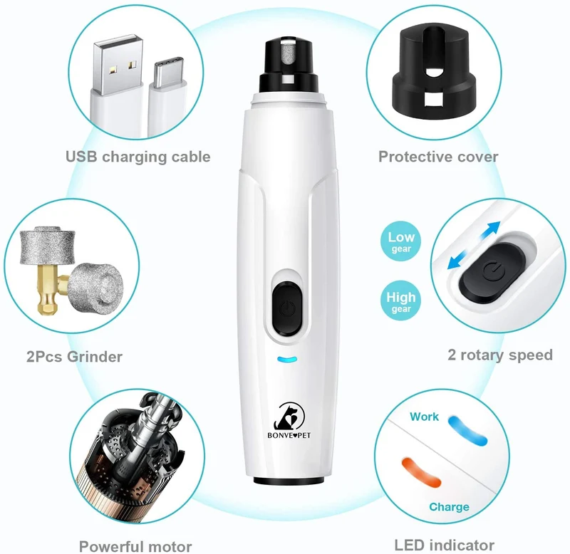 Bonve Pet - Molinillo de uñas eléctrico inalámbrico de 2 velocidades para gatos, recargable, cortadora de uñas de bajo ruido, sin dolor, para perros y gatos pequeños y medianos, grandes