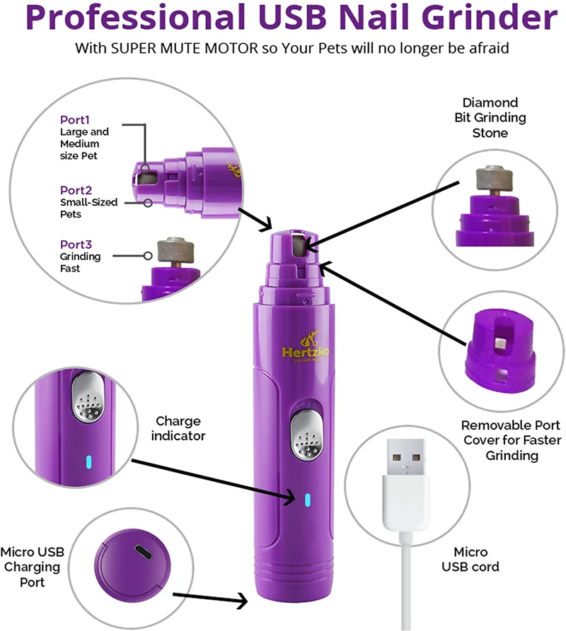 Lima de uñas eléctrica Hertzko, para cortar uñas de forma suave e indolora, para mascotas, desbarbado, moldeador y suavizar, para perros, gatos, conejos y aves, batería portátil e incluye cable USB