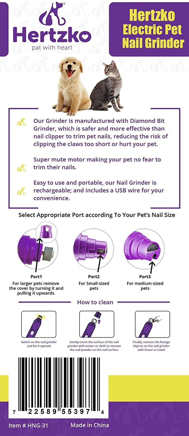Lima de uñas eléctrica Hertzko, para cortar uñas de forma suave e indolora, para mascotas, desbarbado, moldeador y suavizar, para perros, gatos, conejos y aves, batería portátil e incluye cable USB