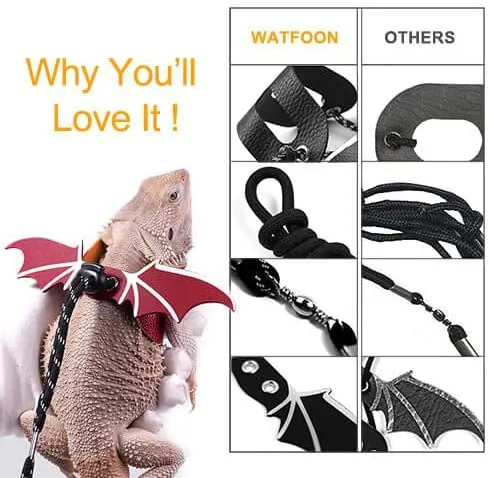 WATFOON - Arnés de piel de reptil con alas ajustables con correa de dragón, anfibios de lagarto, camaleón, cobaya, hurones, hámster, ratas, animales pequeños