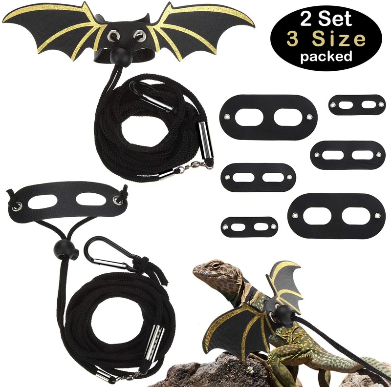 Frienda 6 piezas ajustable Lizard Leash Reptile Arnés de dragón con correa Gecko con alas de cuero para Lizards Anfibios y animales pequeños de mascotas, 3 tamaños
