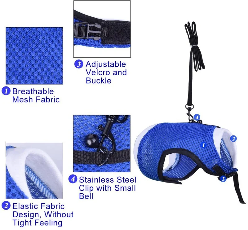 PERSUPER - Soft Mesh Small Pet Harness with Bell, No Pull Comfort Padded Vest Durable Nylon，Guinea Pig Harness and Leash Set， All Season for Bunny, Ferret， Rats, Iguana, Hamster, Bearded Dragon