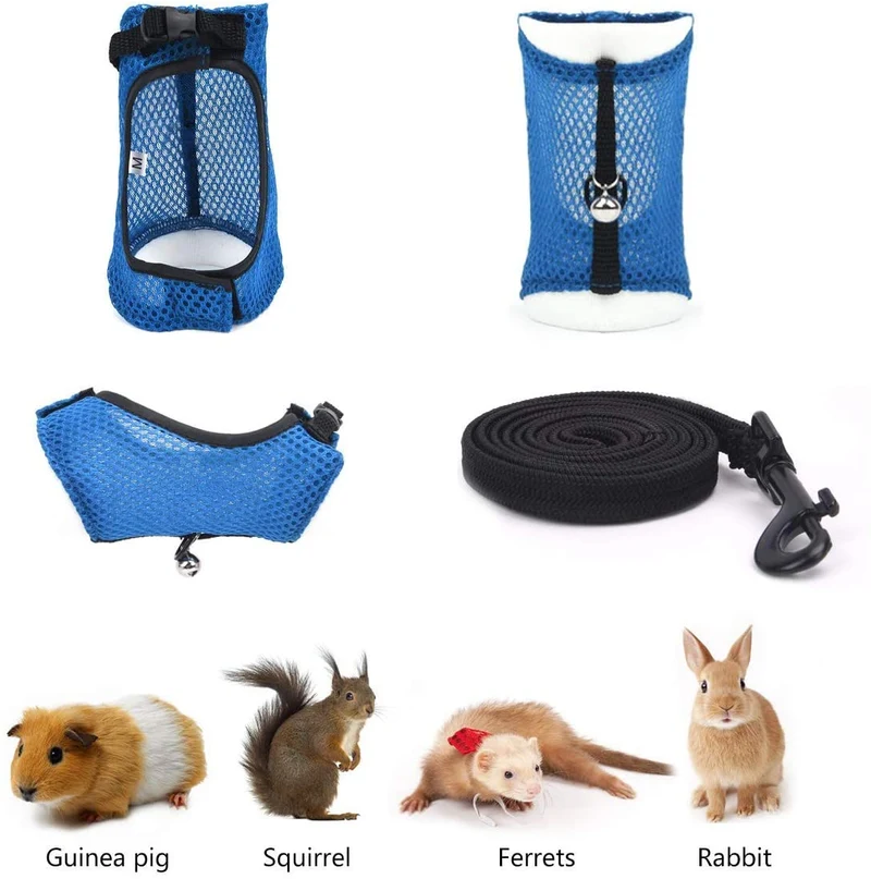 PERSUPER - Soft Mesh Small Pet Harness with Bell, No Pull Comfort Padded Vest Durable Nylon，Guinea Pig Harness and Leash Set， All Season for Bunny, Ferret， Rats, Iguana, Hamster, Bearded Dragon