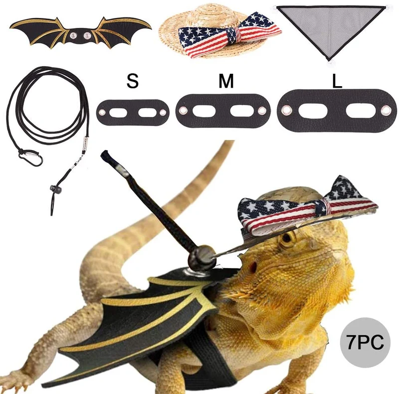 Nobranded Lizard Harness Bearded Dragon Leash and Belt Hammock National Flag Hat 7 pc Set, Adjustable Amphibian and Other Small Pet Reptile Harness （S, M, L ）+ 1 Straw Hat + 1 Hammock