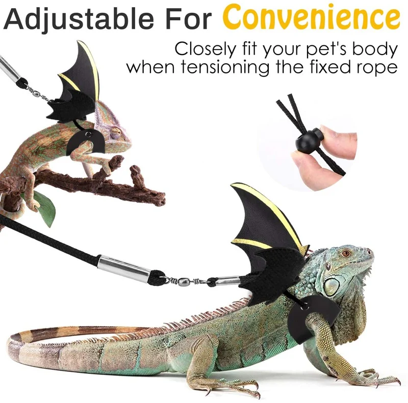 PAWABOO - Arnés de piel para reptiles, 3 tamaños, ajustable, con alas de murciélago para lagarto, reptiles, anfibios, animales pequeños, pequeños, medianos y grandes, negro y dorado