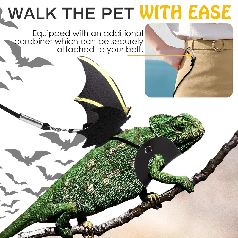 PAWABOO - Arnés de piel para reptiles, 3 tamaños, ajustable, con alas de murciélago para lagarto, reptiles, anfibios, animales pequeños, pequeños, medianos y grandes, negro y dorado