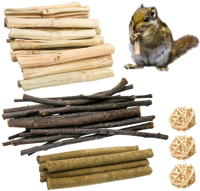 Bac-kitchen 3 Types of Combined Chew Toys Molar Sticks, All Natural Sweet Bamboo Apple Branch Timothy Grass Sticks for Rabbits Chinchilla Hamsters Guinea Pigs Gerbils, Improve Dental Health(Set 2)