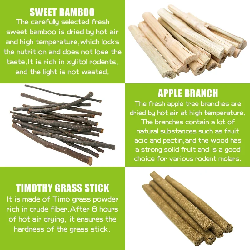 Bac-kitchen 3 Types of Combined Chew Toys Molar Sticks, All Natural Sweet Bamboo Apple Branch Timothy Grass Sticks for Rabbits Chinchilla Hamsters Guinea Pigs Gerbils, Improve Dental Health(Set 2)