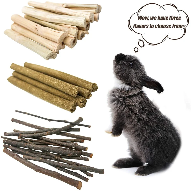 Bac-kitchen 3 Types of Combined Chew Toys Molar Sticks, All Natural Sweet Bamboo Apple Branch Timothy Grass Sticks for Rabbits Chinchilla Hamsters Guinea Pigs Gerbils, Improve Dental Health(Set 2)