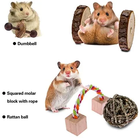Pikakos Juguetes para masticar hámster, 8/10 piezas, accesorios para jaula de ratas para animales pequeños, cobaya, chinchilla, conejo, juguetes para ocultar y cuidar los dientes