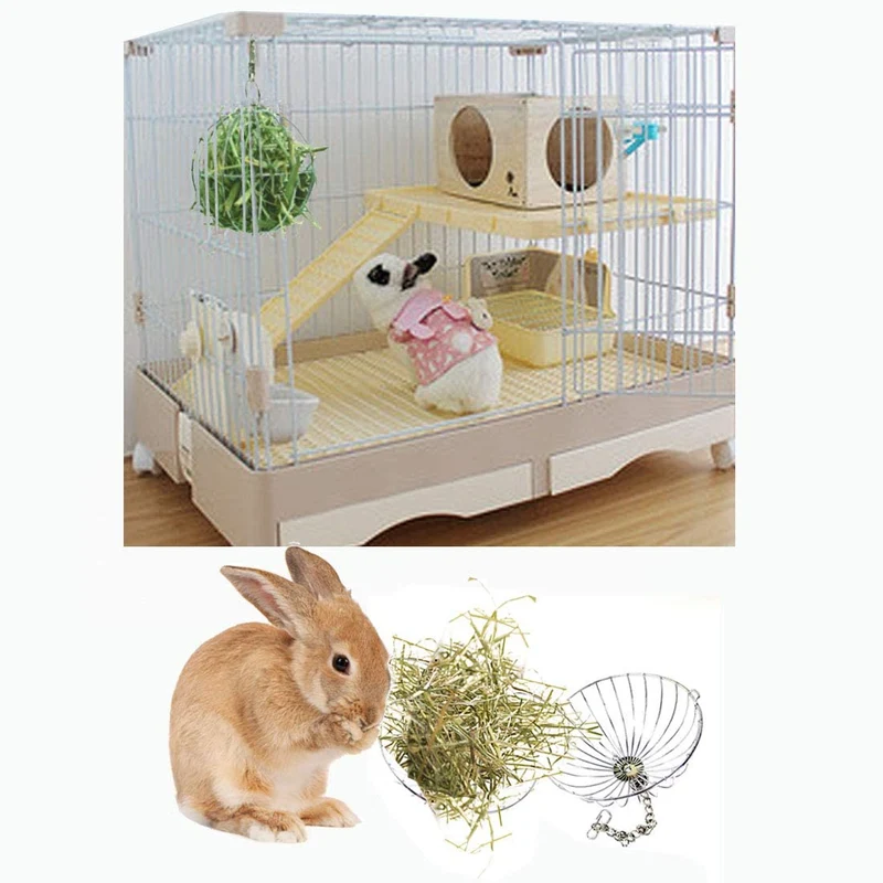 Tfwadmx Rabbit Hay Feeder, Grass Play Hay Ball Chew Toy 2 in 1 Stainless Steel Food and Grass Frame Bowls, Small Animals Hay Manger Dispenser for Hamsters Gerbils Rat Chinchillas Guinea Pigs