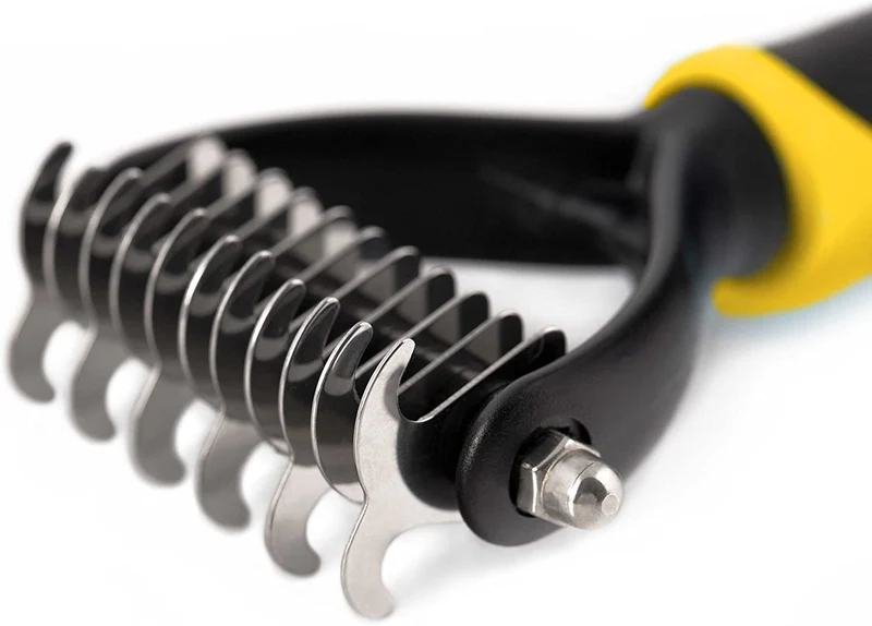 Pet Grooming Tool - 2 Sided Undercoat Rake for Cats & Dogs - Safe Dematting Comb for Easy Mats & Tangles Removing - No More Nasty Shedding and Flying Hair