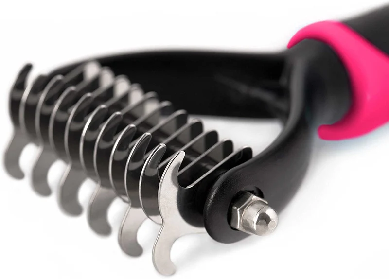 Pet Grooming Tool - 2 Sided Undercoat Rake for Cats & Dogs - Safe Dematting Comb for Easy Mats & Tangles Removing - No More Nasty Shedding and Flying Hair