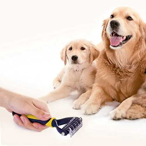 Pet Grooming Tool - 2 Sided Undercoat Rake for Cats & Dogs - Safe Dematting Comb for Easy Mats & Tangles Removing - No More Nasty Shedding and Flying Hair