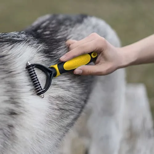 Pet Grooming Tool - 2 Sided Undercoat Rake for Cats & Dogs - Safe Dematting Comb for Easy Mats & Tangles Removing - No More Nasty Shedding and Flying Hair