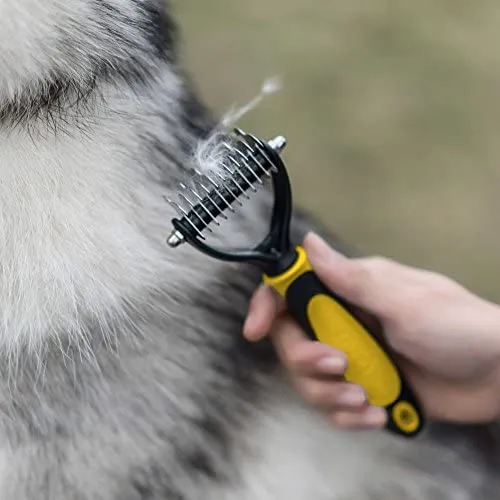 Pet Grooming Tool - 2 Sided Undercoat Rake for Cats & Dogs - Safe Dematting Comb for Easy Mats & Tangles Removing - No More Nasty Shedding and Flying Hair