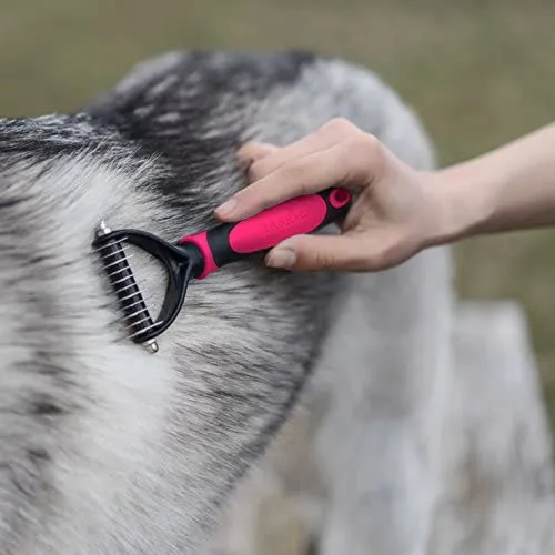 Pet Grooming Tool - 2 Sided Undercoat Rake for Cats & Dogs - Safe Dematting Comb for Easy Mats & Tangles Removing - No More Nasty Shedding and Flying Hair