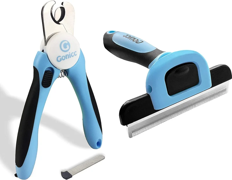 Gonicc Dog & Cat Pets Nail Clippers and Grooming Brush. Nail Clippers with Safety Guard to Avoid Over Cutting, Free Nail File. Dog Brush Effectively Reduces Shedding by Up to 95%. Professional Groomin
