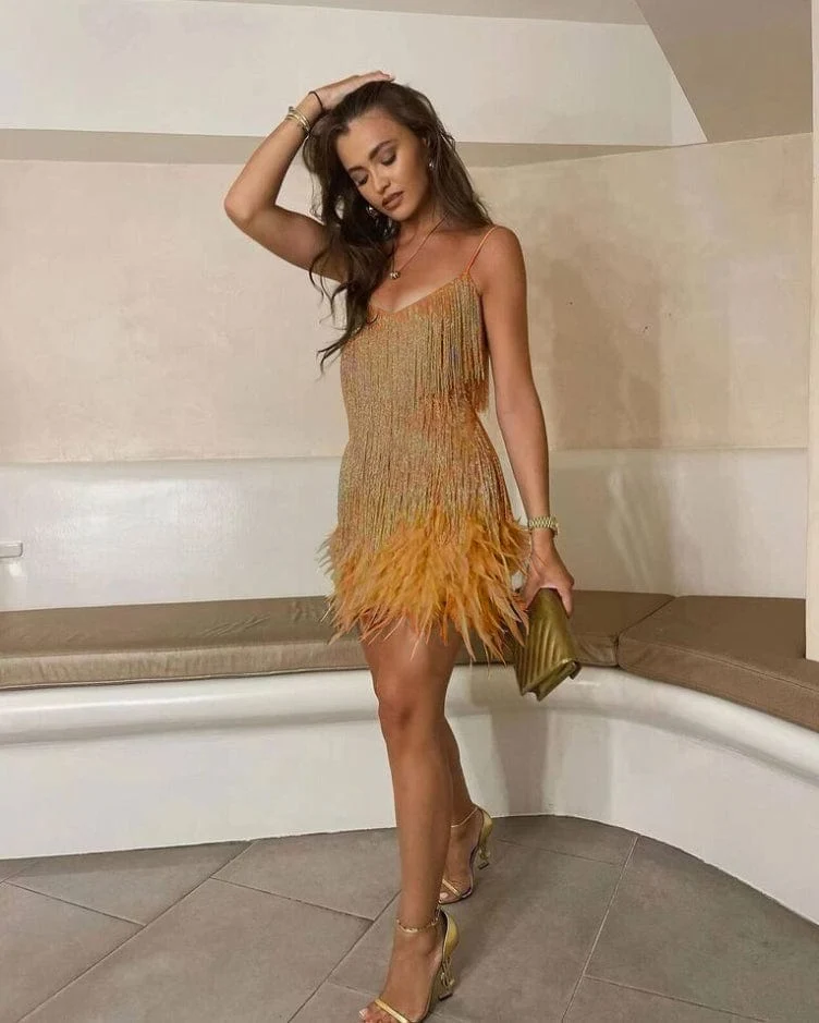 Robe de cocktail élégante avec sequins et plumes