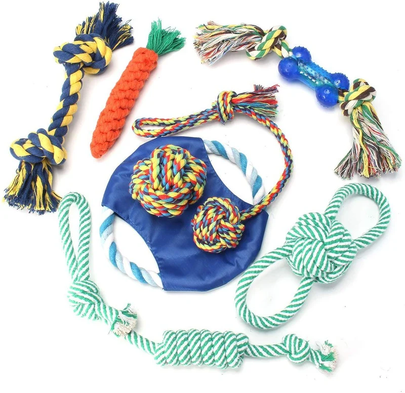 FOCUSPET Dog Chew Toys, Dog Rope Toys Set 10 Pack Dog Chew Toys for Dog Teeth Grinding Cleaning Ball Play IQ Training Interactive Knot Dental Health Chewing Biting Durable Toys