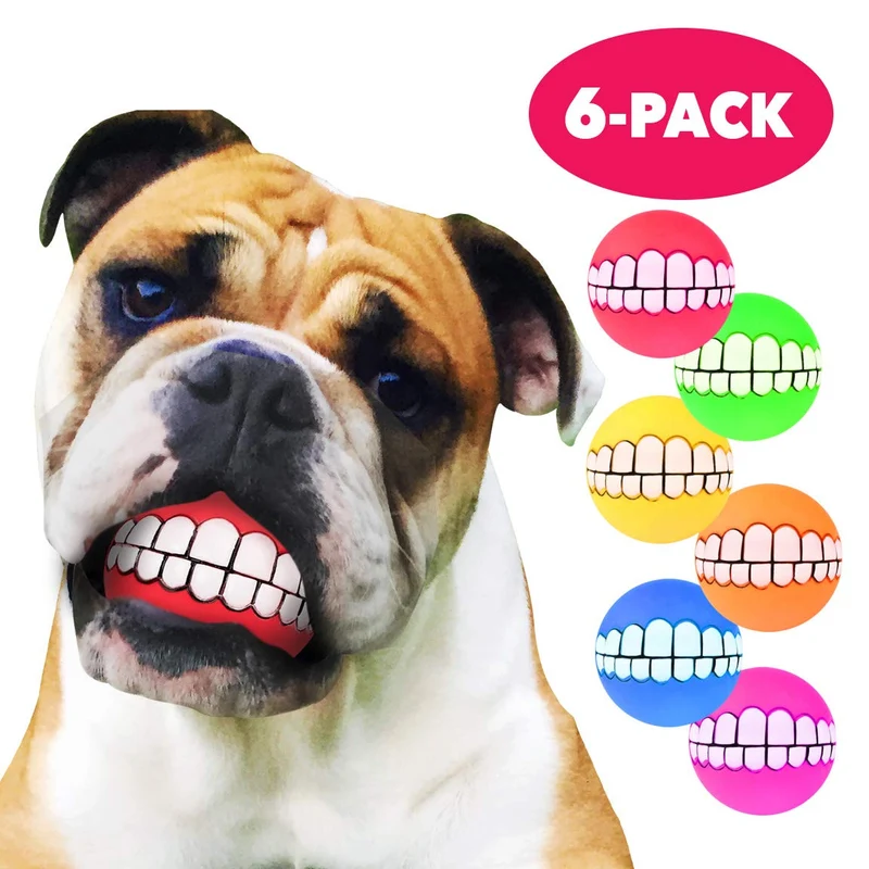 HAWWWY bolas divertidas para perro, bola divertida para perro con diseño de dientes y chirriador, goma termoplastificada no tóxica, juguete para masticar dientes, bola sonriente chirriante, juguetes sonrientes para mascotas, lindos regalos para perros, pa
