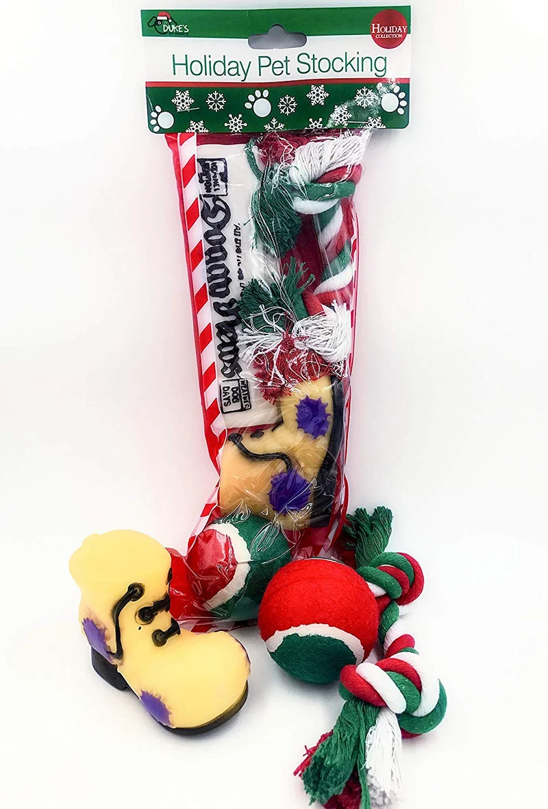 Calcetín de Navidad para perros Pack de juguete para periódico Squeaky, juguete para botas Squeaky, una pelota de tenis roja, verde y blanca y una cuerda de algodón roja, blanca y verde.