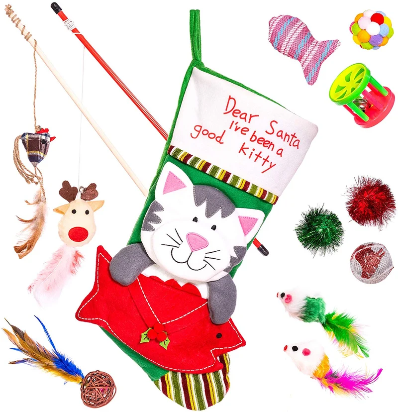 Cat Christmas Stocking Filled with Christmas Cat Toys Gift Set Filled With Quality Interactive Cat Toys Perfect Holiday Gift Set for All Cats Stocking Stuffers Included