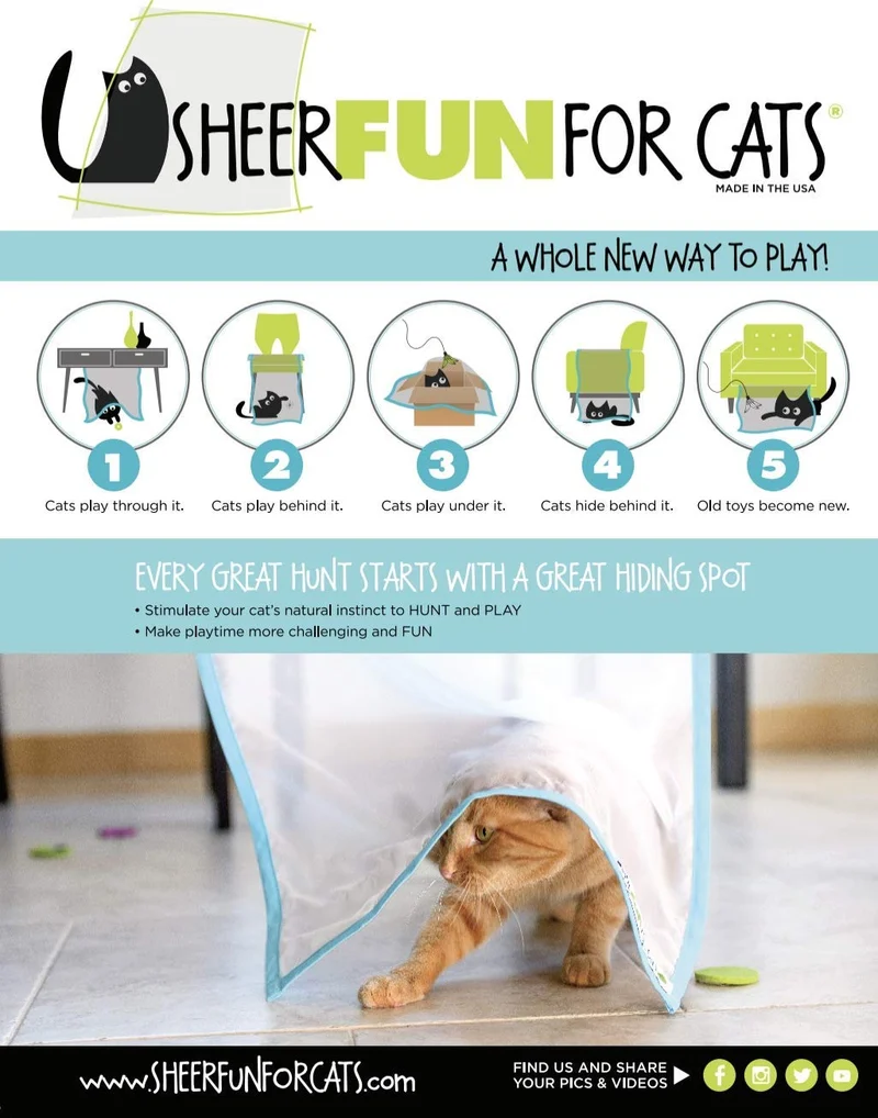 Sheer Fun For Cats, Interactive cat Toy, Made in USA, Stimulate Hunting Instincts for Your cat, Versatile, Quiet, Crinkle Edges, Cats, Kittens, playmat, Bed, Hide and Seek, Blue and White, 32"x18"