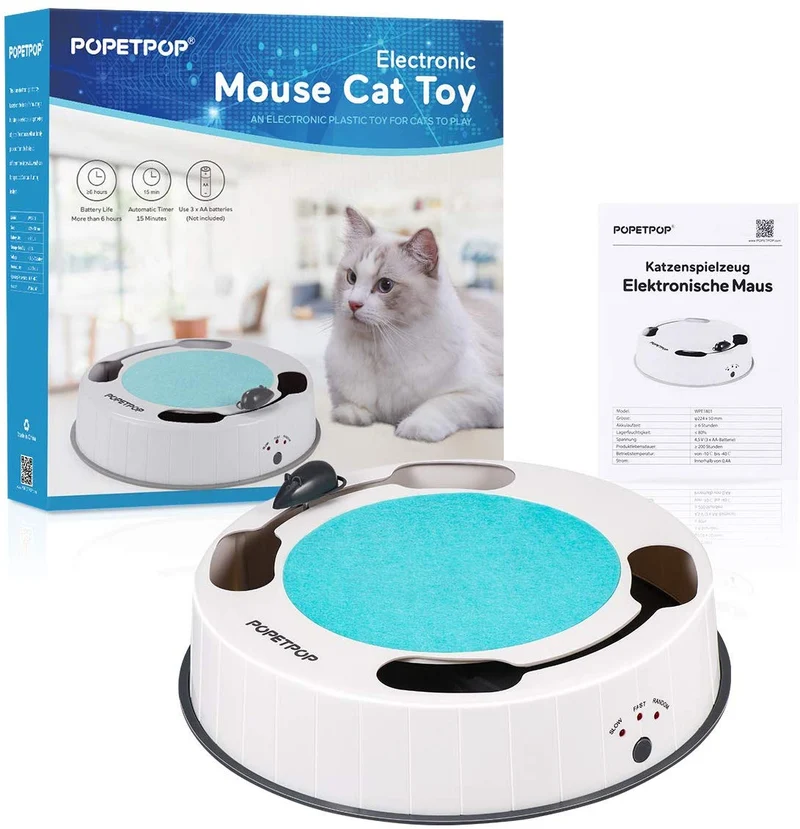 POPETPOP Juguete interactivo para gato con ratón giratorio electrónico y almohadilla para rascar para mascotas, gatos, gatos, juguetes, diversión
